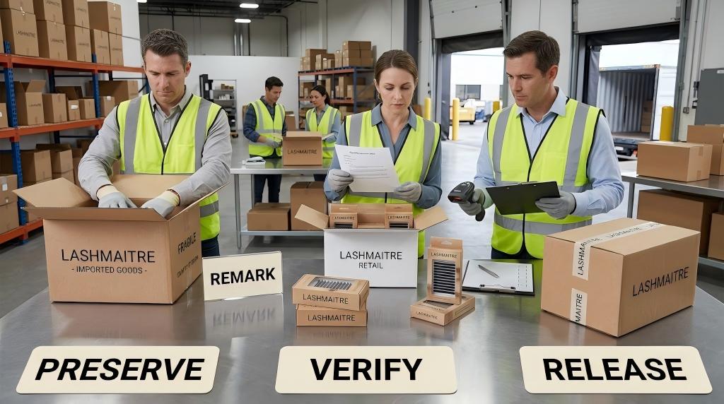 Receiving team preserving verifying and releasing origin-marked lash goods