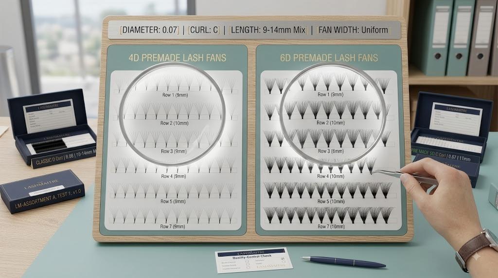 LASHMAITRE 4D and 6D premade lash fan samples compared by diameter curl length fan width and base