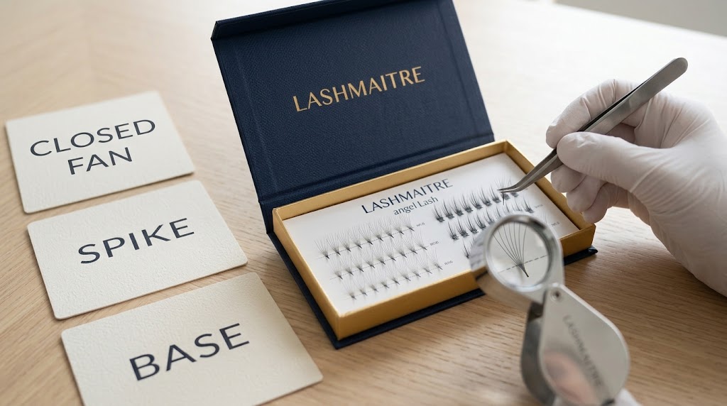 Angel lash closed fans and spikes inspected in a LASHMAITRE sample tray
