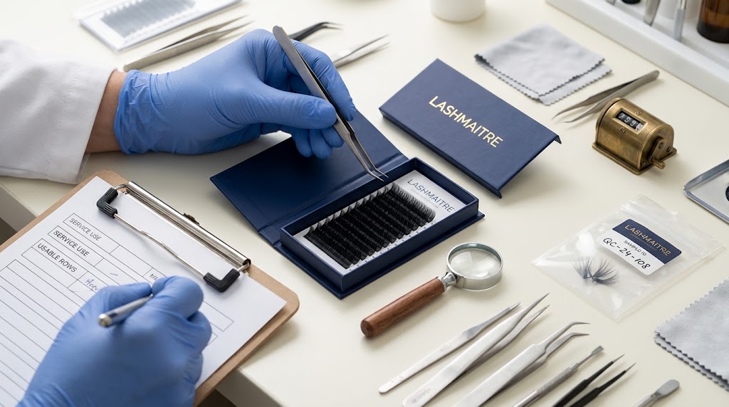 Technician checking usable lash tray rows for wholesale inventory planning