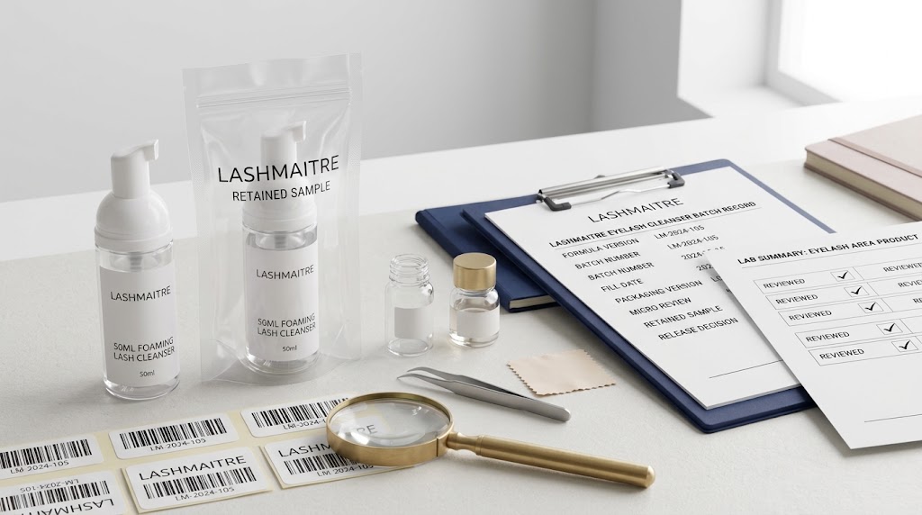 EU lash cleanser labeling review for a LASHMAITRE private label formula and retained sample
