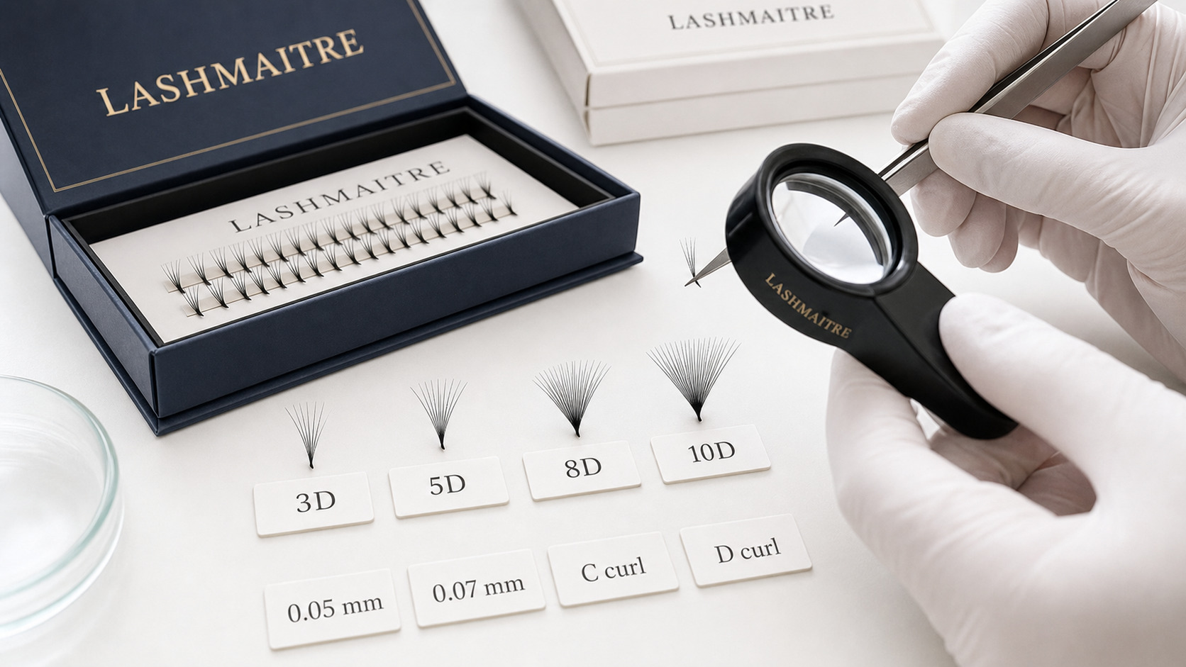 Macro QC inspection of LASHMAITRE colored premade fan D-count, diameter, curl and pointed bases