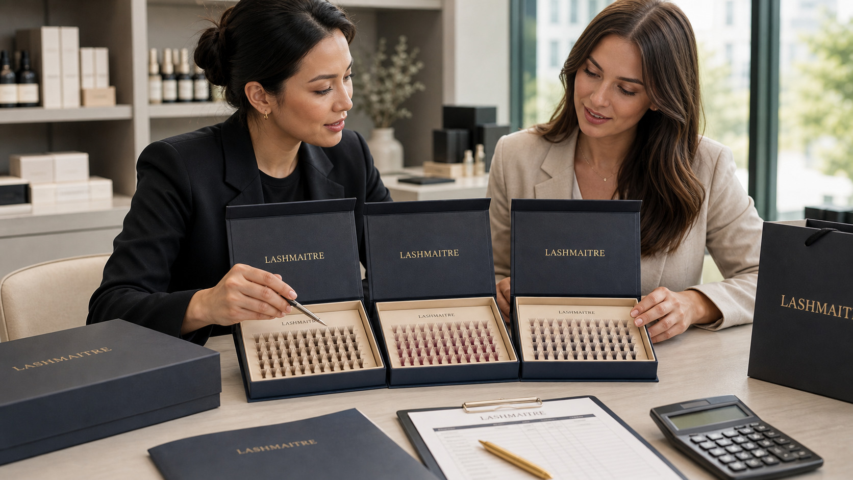 Colored premade fans wholesale buyer reviewing LASHMAITRE samples in brown, burgundy and muted plum