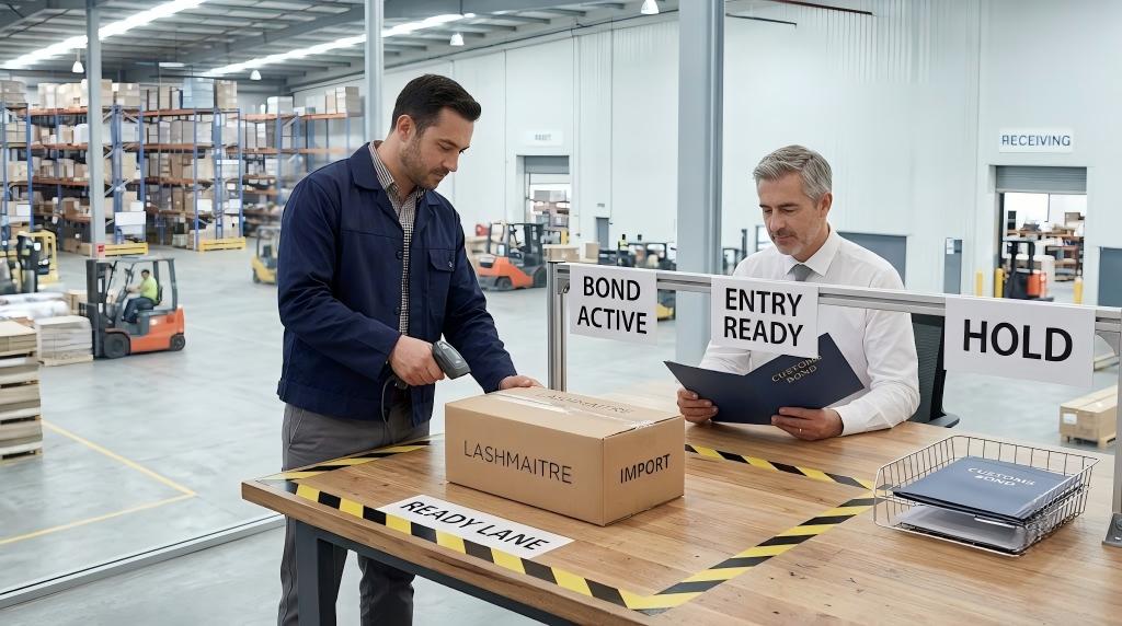 Receiving team confirming an active customs bond before lash import entry