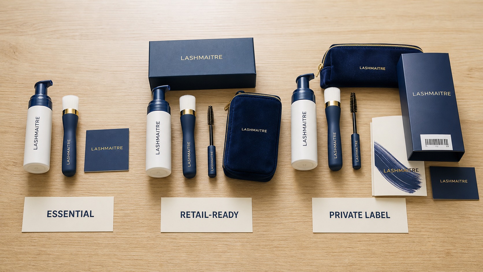 Essential, retail-ready and private label LASHMAITRE lash aftercare kit configurations compared on a buyer table.