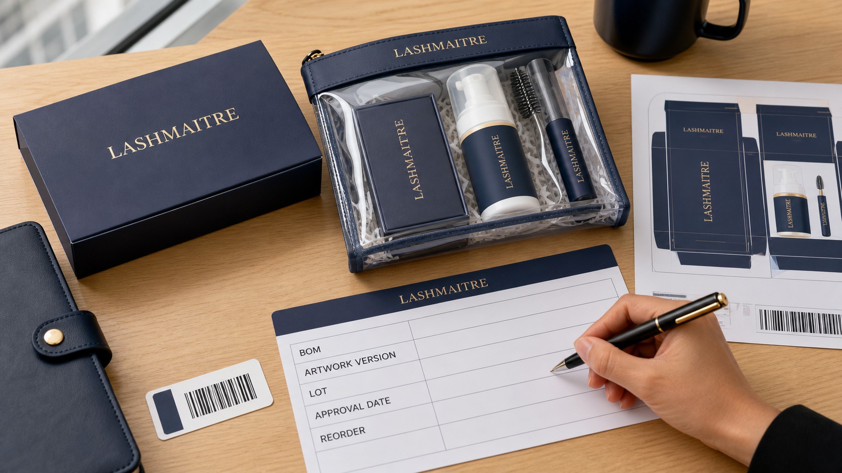 LASHMAITRE retained lash aftercare kit sample with artwork version, lot and reorder records.