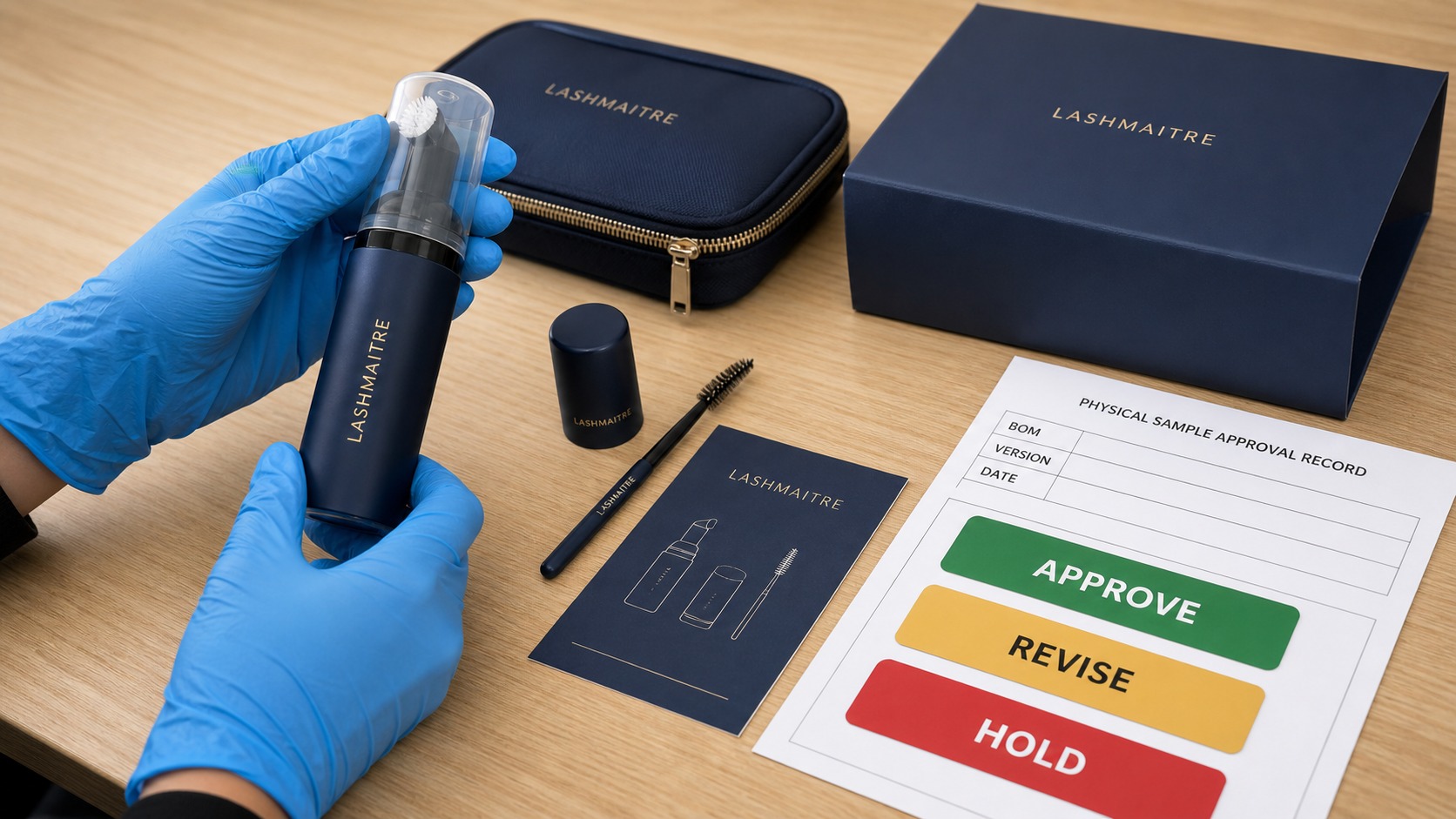 Buyer checking a complete LASHMAITRE lash aftercare kit sample with Approve, Revise and Hold controls.