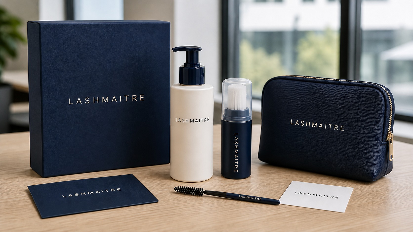 Lash aftercare kit wholesale components by LASHMAITRE, including cleanser, brush, spoolie, instructions and retail packaging.