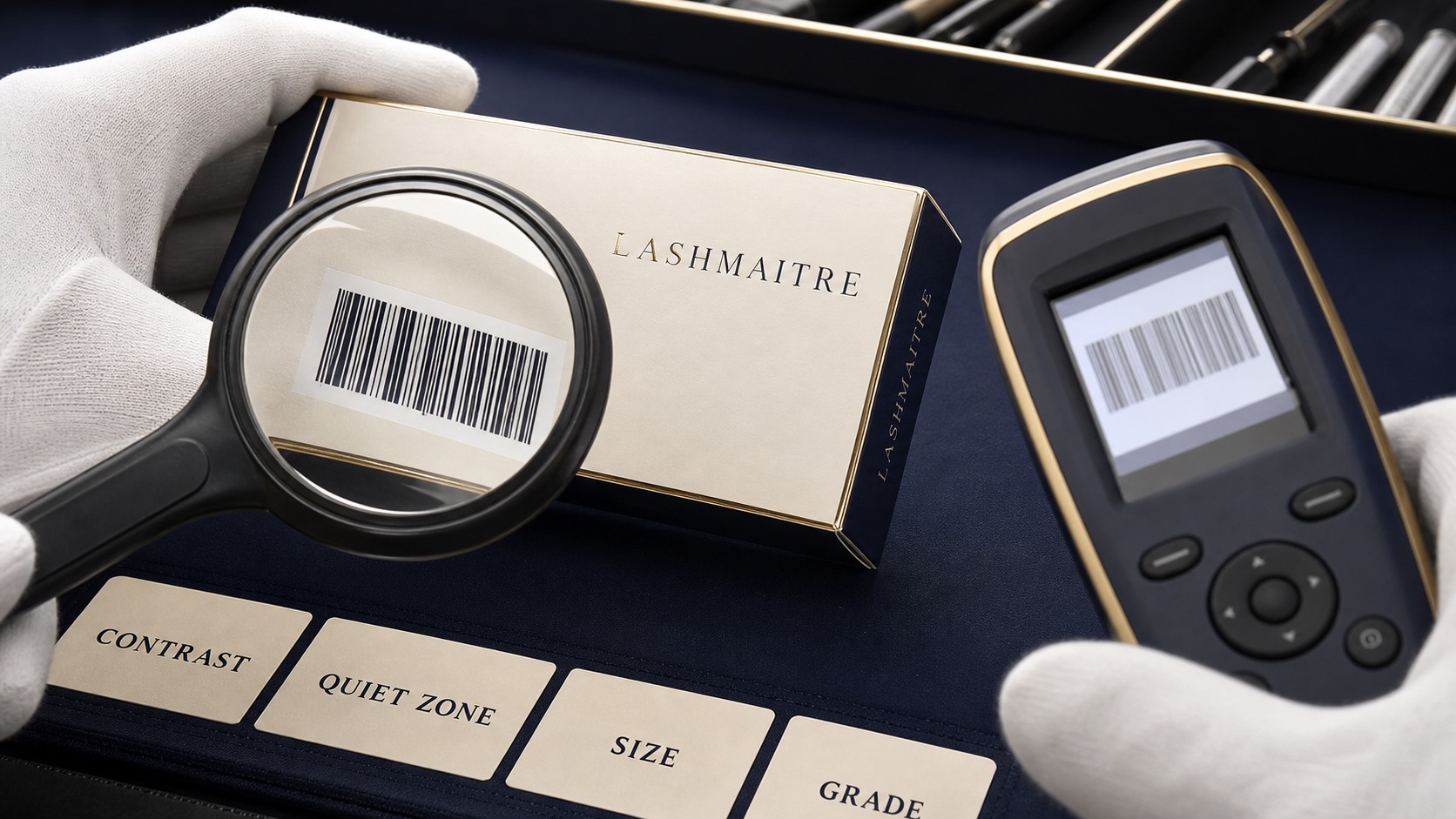 Barcode contrast quiet zones size and print quality checked on LASHMAITRE packaging
