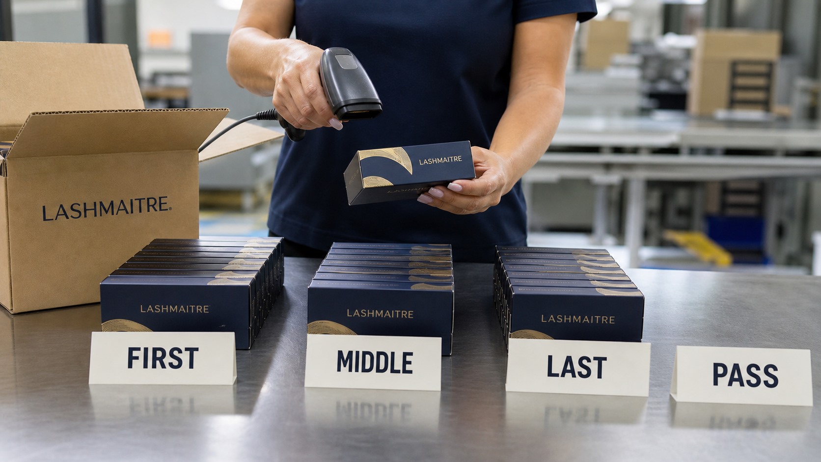 LASHMAITRE production-run barcodes sampled and scanned before shipment release