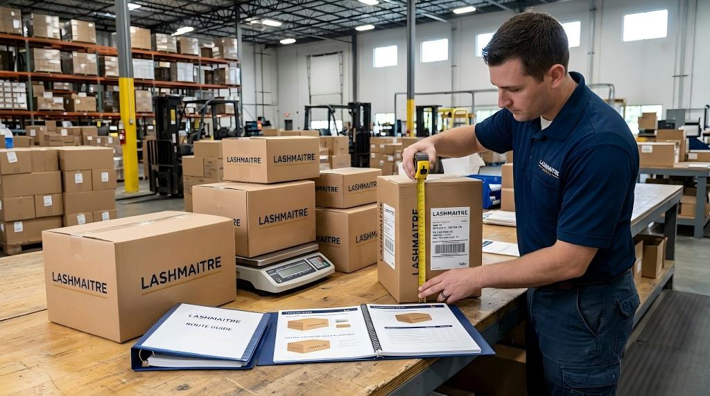 LASHMAITRE carton label and routing requirements verified at the warehouse