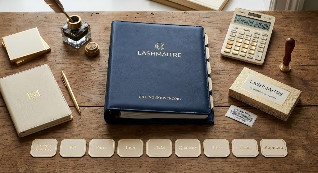 Nine retail billing fields organized around a LASHMAITRE invoice record