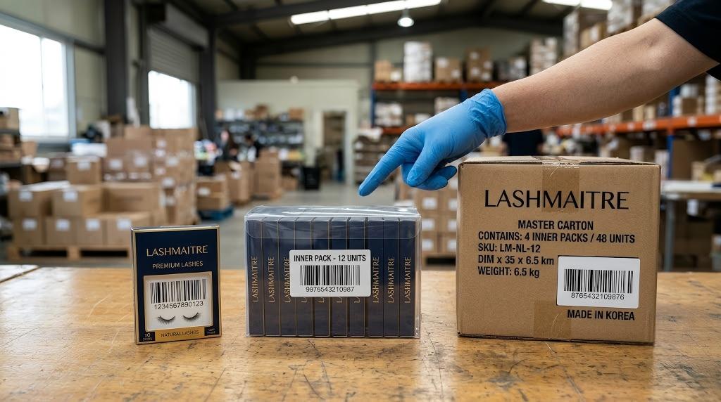 LASHMAITRE retail lash item and shipping case compared for GTIN assignment