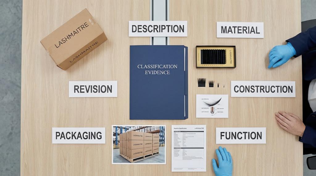 Lash HTS classification file with product description material construction function and packaging evidence