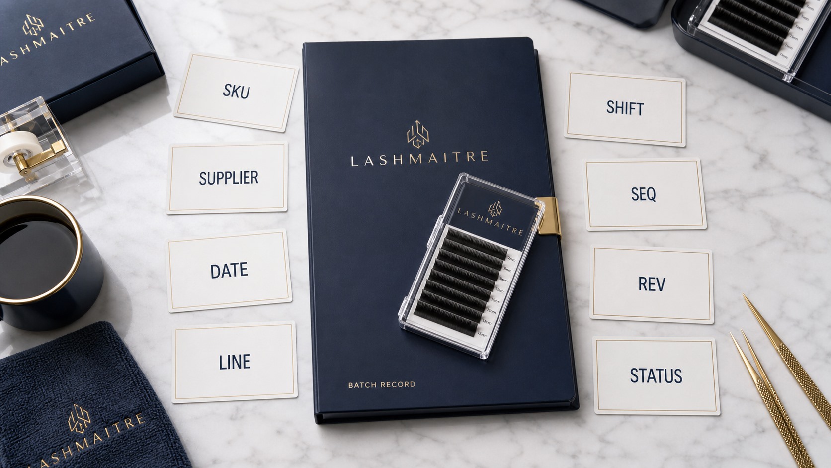 Eight controlled fields organized for a private-label lash lot code