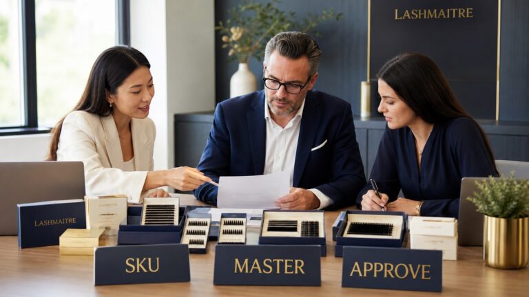 Cross-functional team approving LASHMAITRE lash product master data