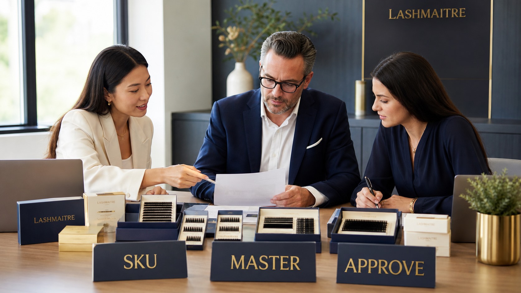 Cross-functional team approving LASHMAITRE lash product master data