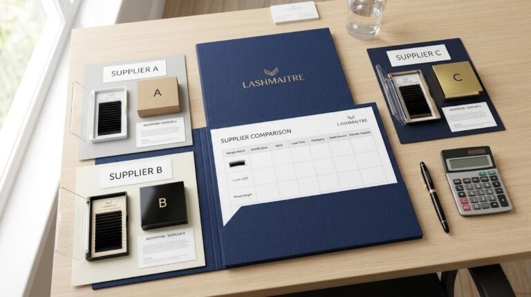 LASHMAITRE lash sample approval framework comparing wholesale eyelash extension samples from three suppliers