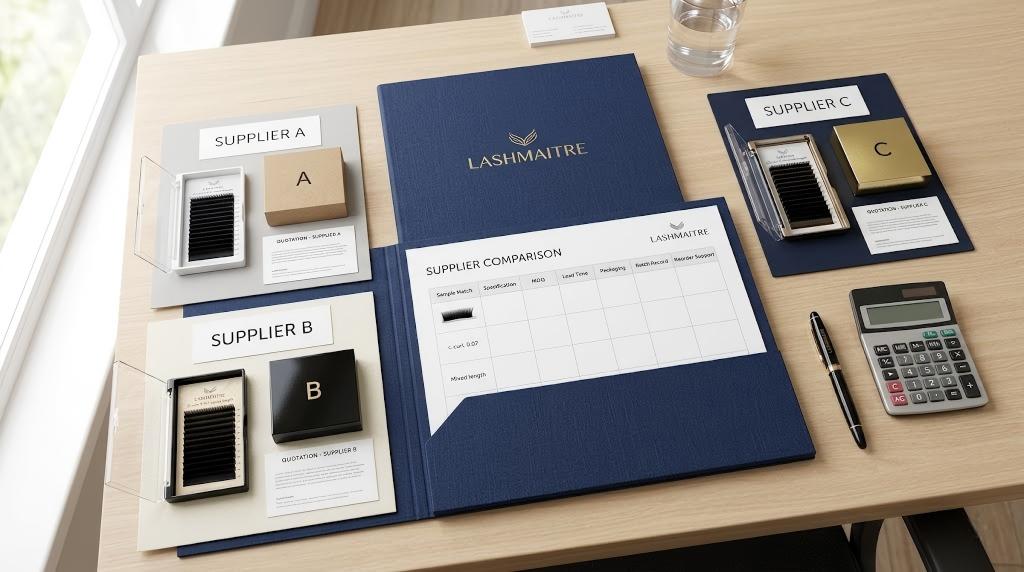 LASHMAITRE lash sample approval framework comparing wholesale eyelash extension samples from three suppliers