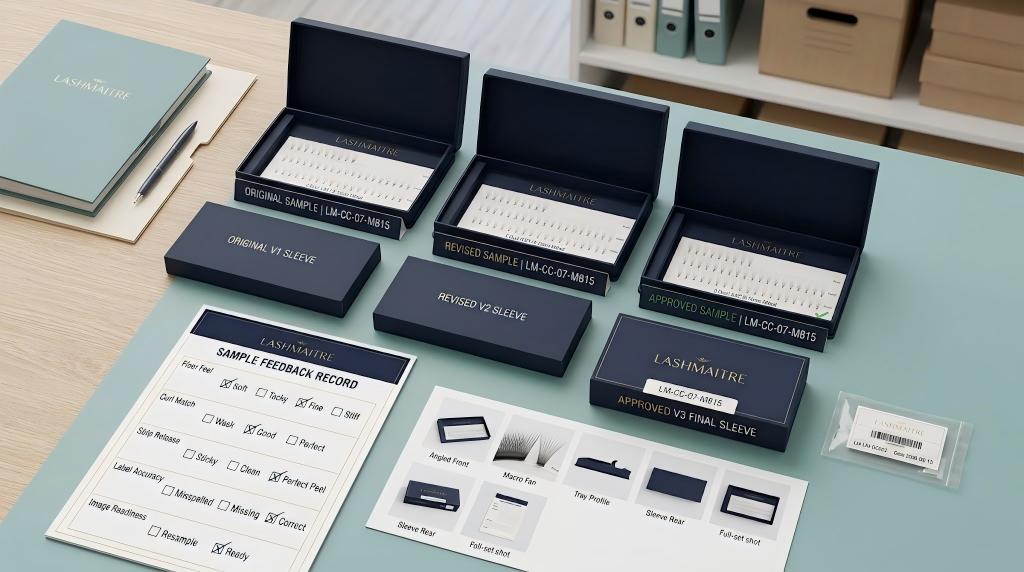 Original revised and approved LASHMAITRE eyelash extension samples with separate version records