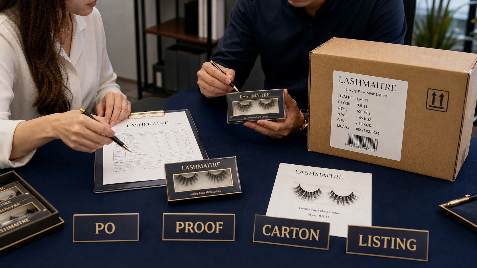 LASHMAITRE lash SKU data reconciled across purchase order proof carton and listing