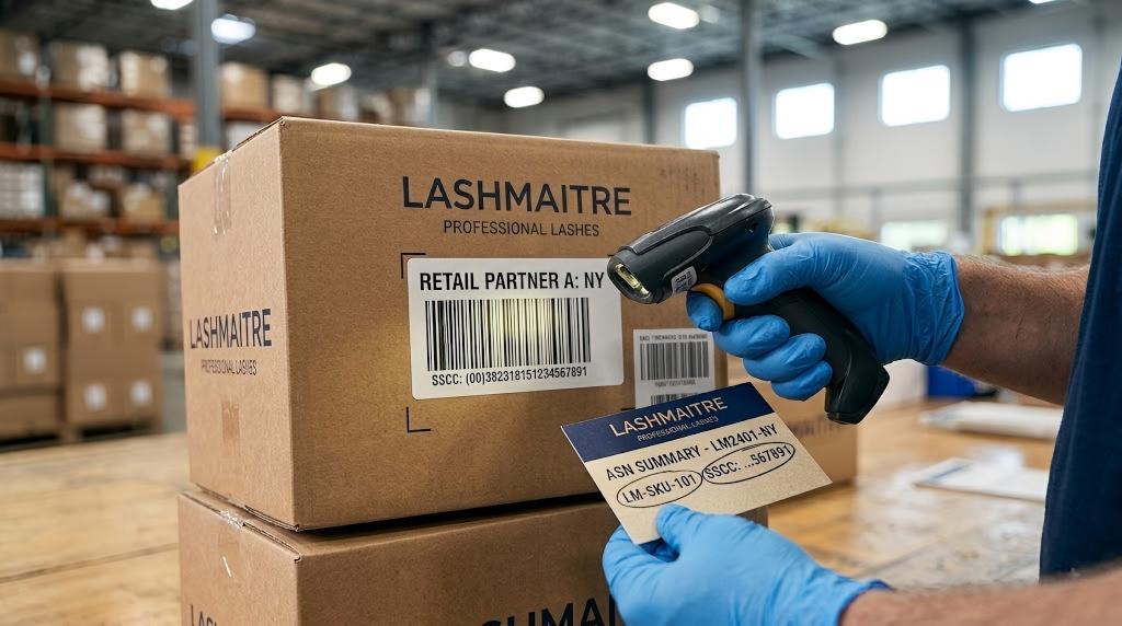 SSCC logistics label linked to a LASHMAITRE lash shipment ASN
