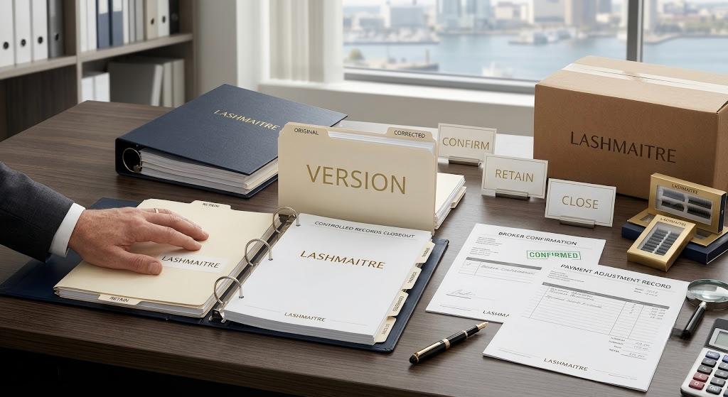 Original and corrected lash import entry versions retained with broker confirmation
