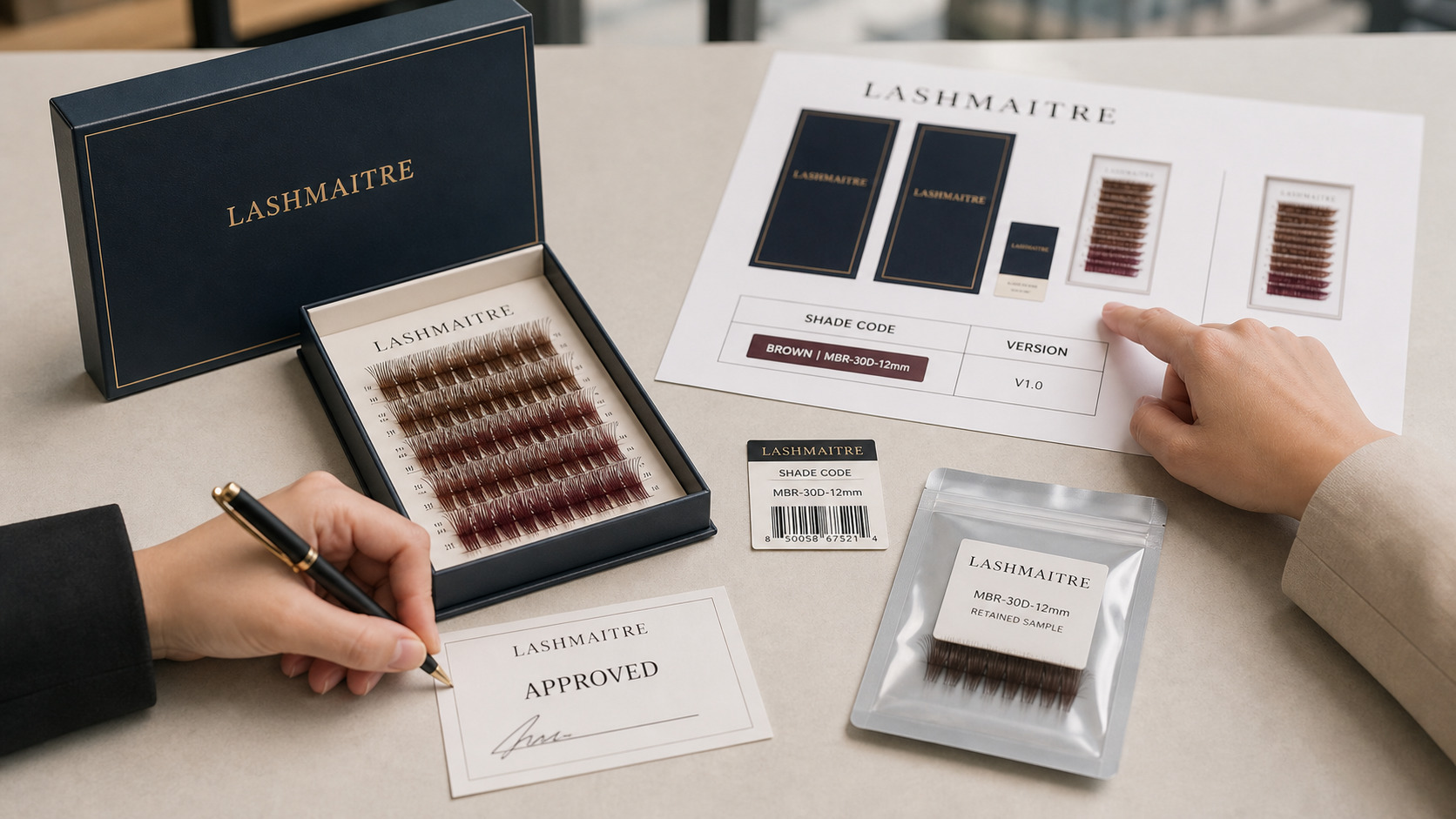 LASHMAITRE private-label colored premade fan packaging, shade code and retained sample approved for reorder