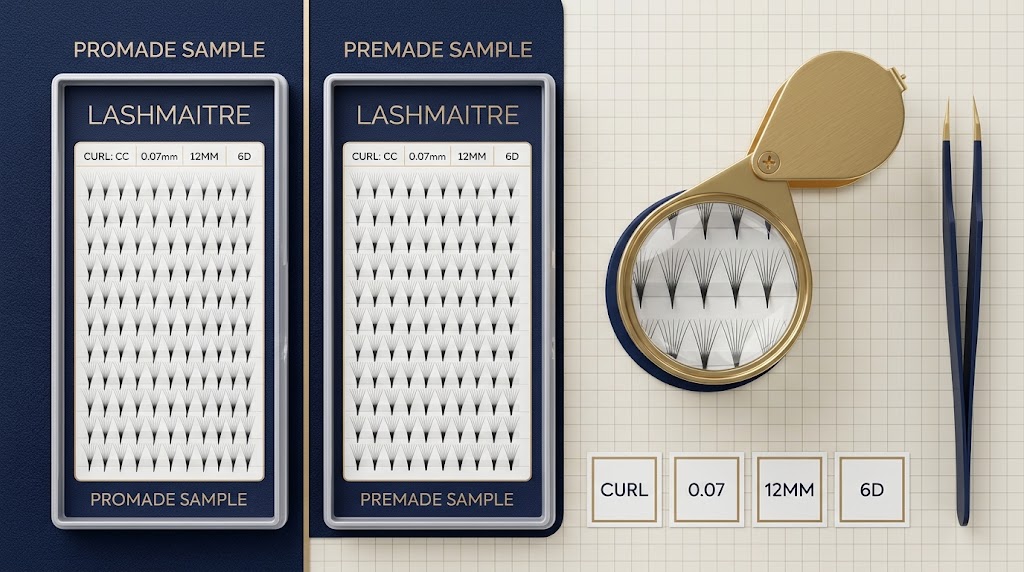 Matched LASHMAITRE promade and premade fan samples with the same curl diameter length and D count