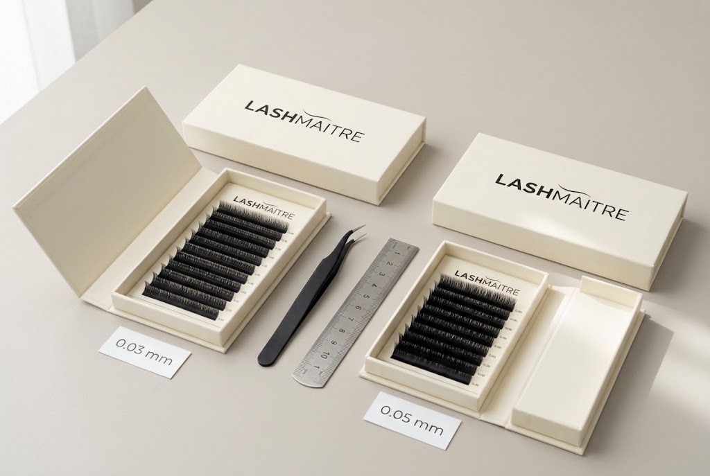 LASHMAITRE 0.03 mm and 0.05 mm mega volume lash trays compared side by side