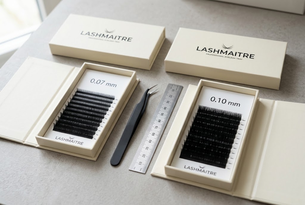 LASHMAITRE 0.07 mm and 0.10 mm volume lash trays compared side by side