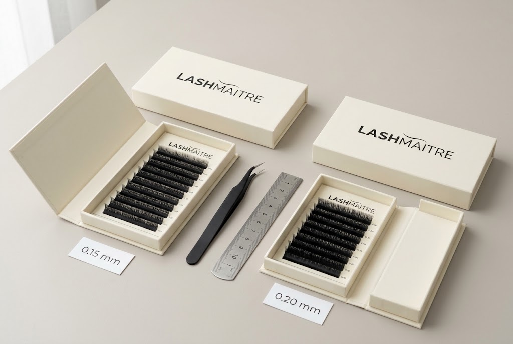 LASHMAITRE 0.15 mm and 0.20 mm classic lash trays compared side by side