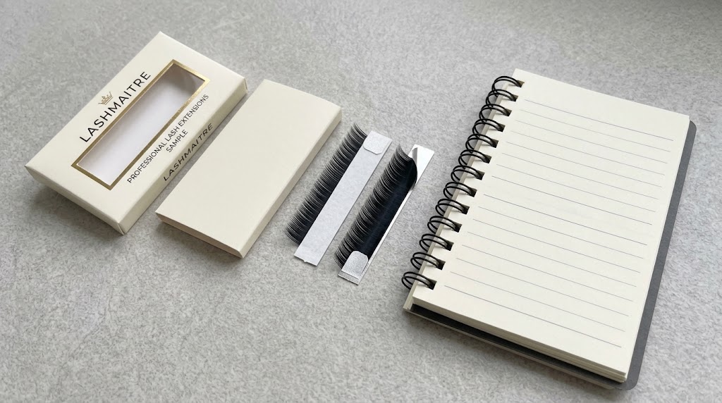 Foil vs paper lash strip backing samples beside an observation notebook