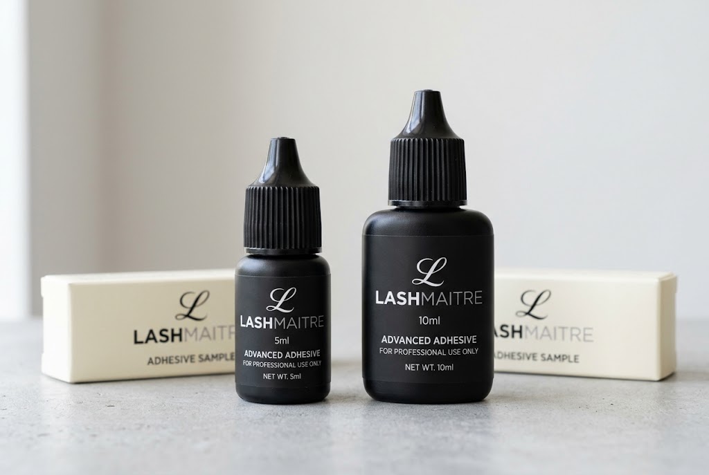 LASHMAITRE 5ml and 10ml lash adhesive bottles compared side by side