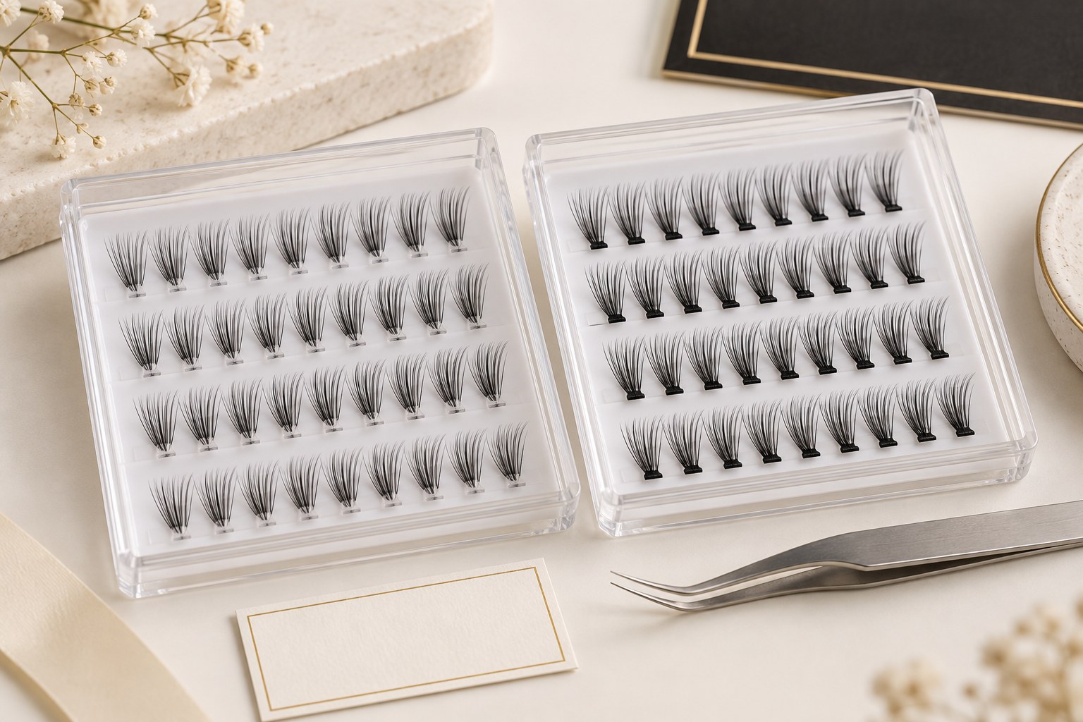 Clear band and black band cluster lashes in matched wholesale trays