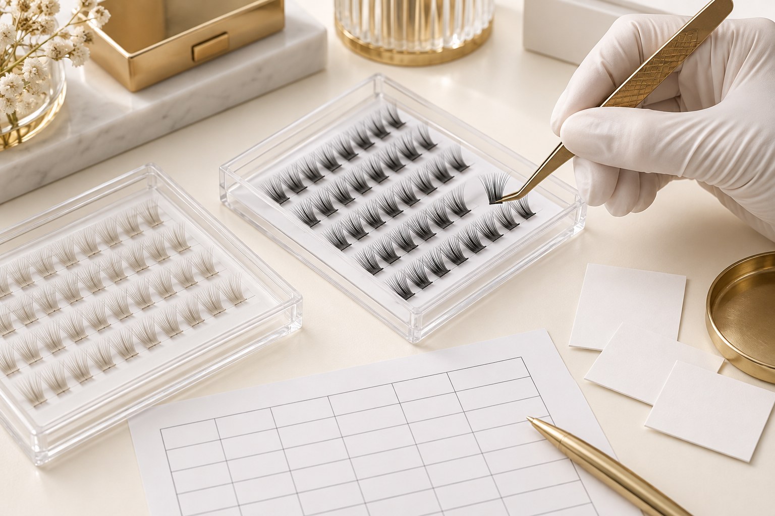 Wholesale buyer inspecting clear and black cluster lash samples