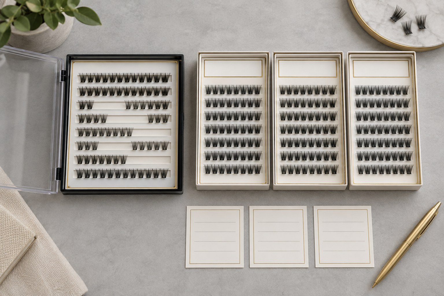 Mixed-length cluster tray beside single-length replenishment trays