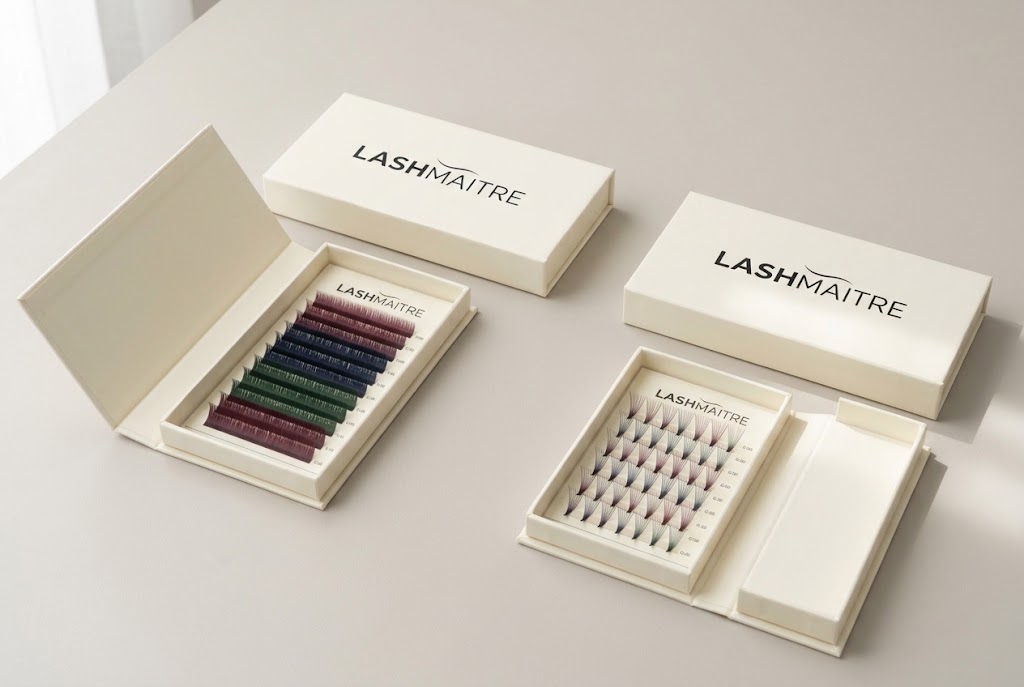 LASHMAITRE colored classic and colored volume lash trays compared side by side