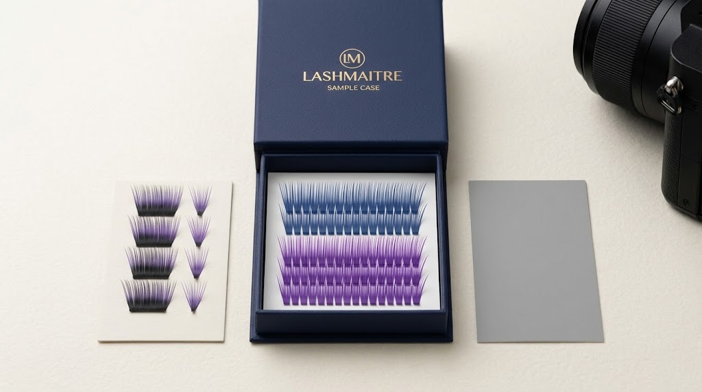 Blue and purple lash samples beside a camera and a neutral reference card.