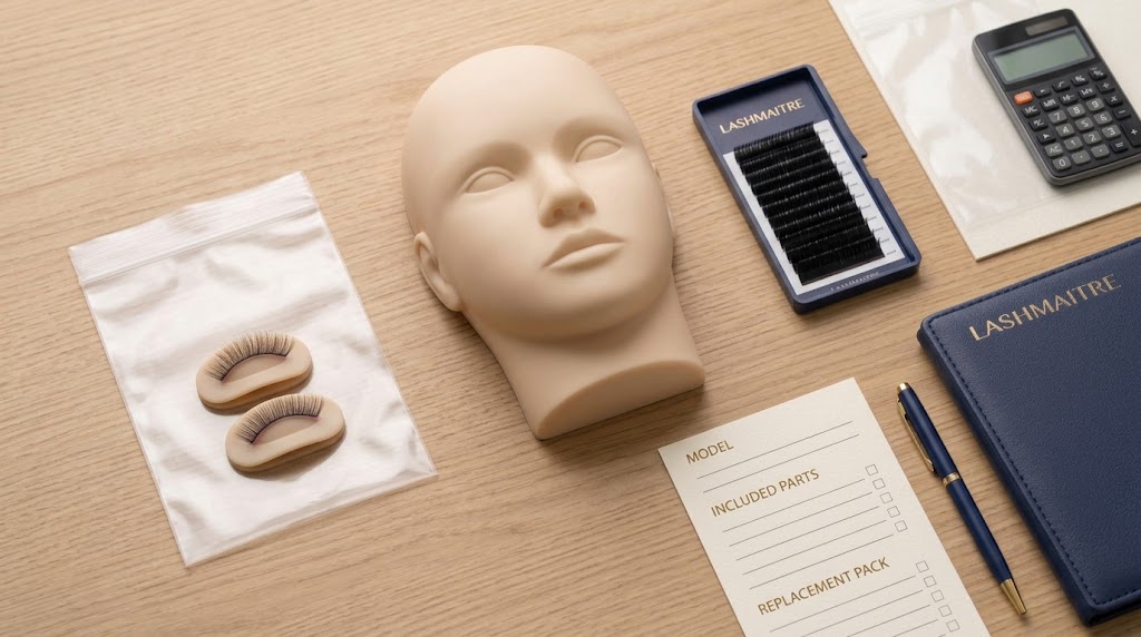 Illustrative training head, replacement eyelid components and lash tray beside a checklist.