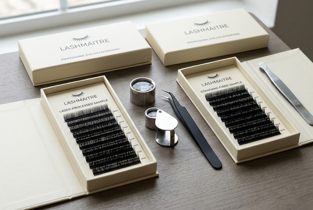 LASHMAITRE laser-processed and standard lash fiber samples compared