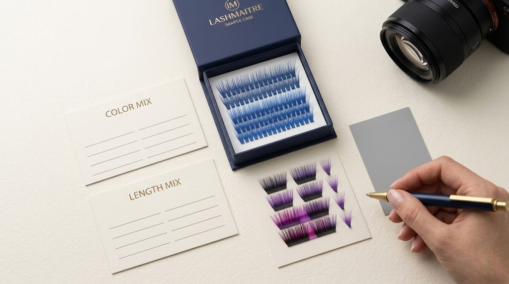 Color and length planning cards with samples for an ombre lash extensions specification.