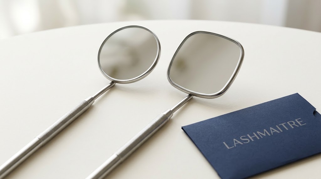 Round and rectangular handheld lash mirrors in a sample comparison.