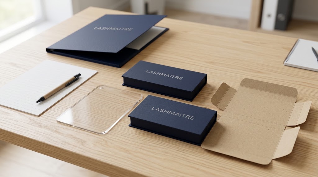 Lash tile, two product boxes and an unfolded outer box arranged for kit planning.