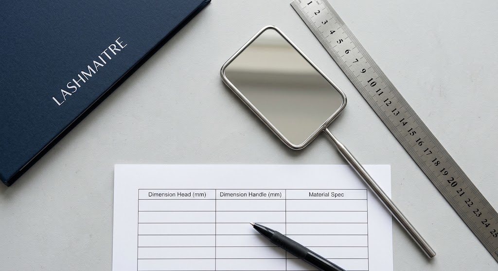 Lash extension mirror head and handle beside a ruler and blank specification sheet.