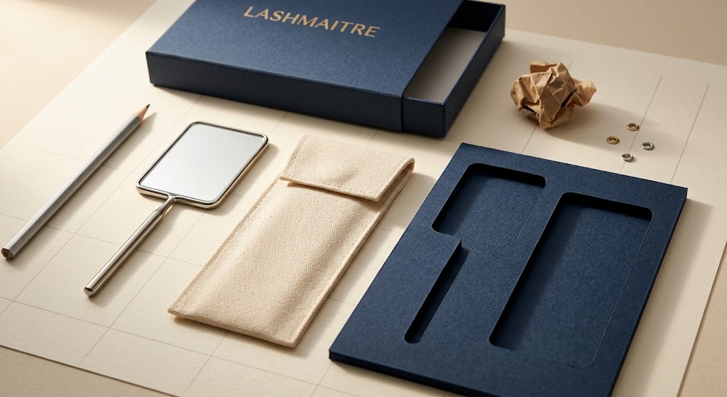 Handheld lash mirror with a protective sleeve and proposed packaging insert.