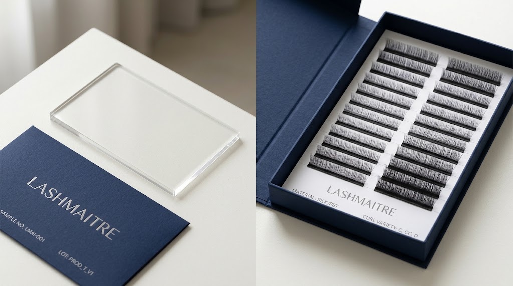 Empty reusable lash tile beside a tray containing lash extensions.