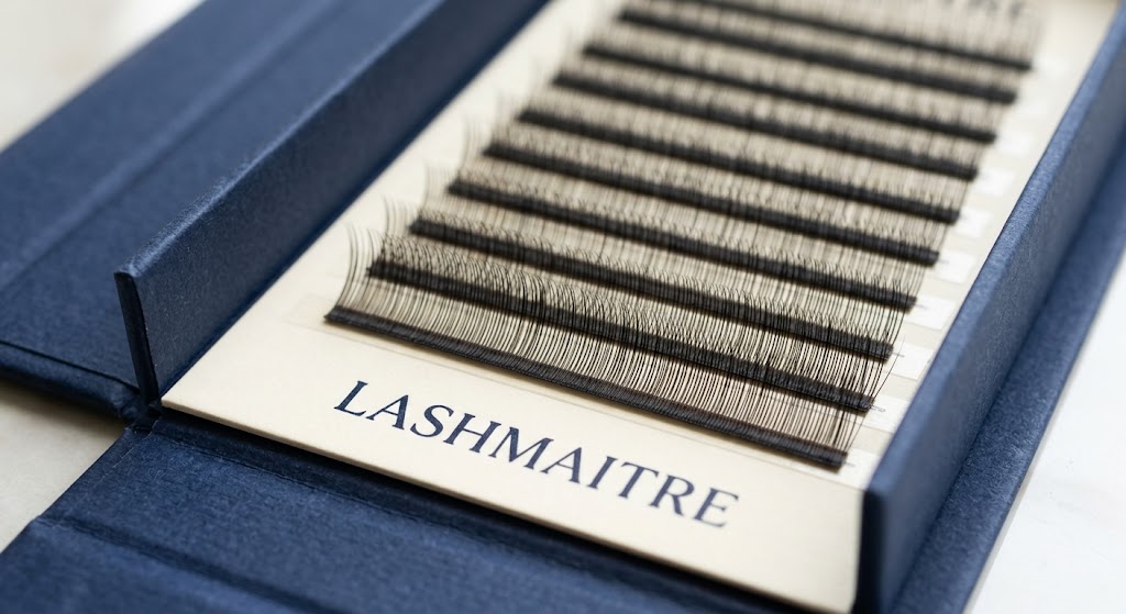 Rows of lash extensions inside one branded retail tray.