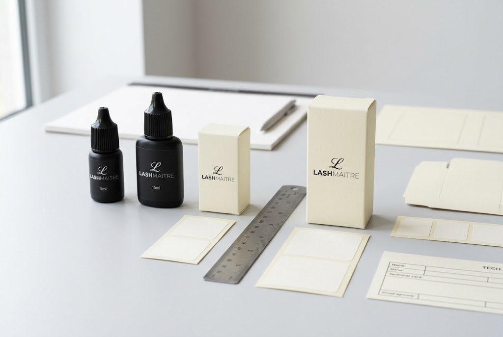 LASHMAITRE lash adhesive bottles with matched packaging and label proofs