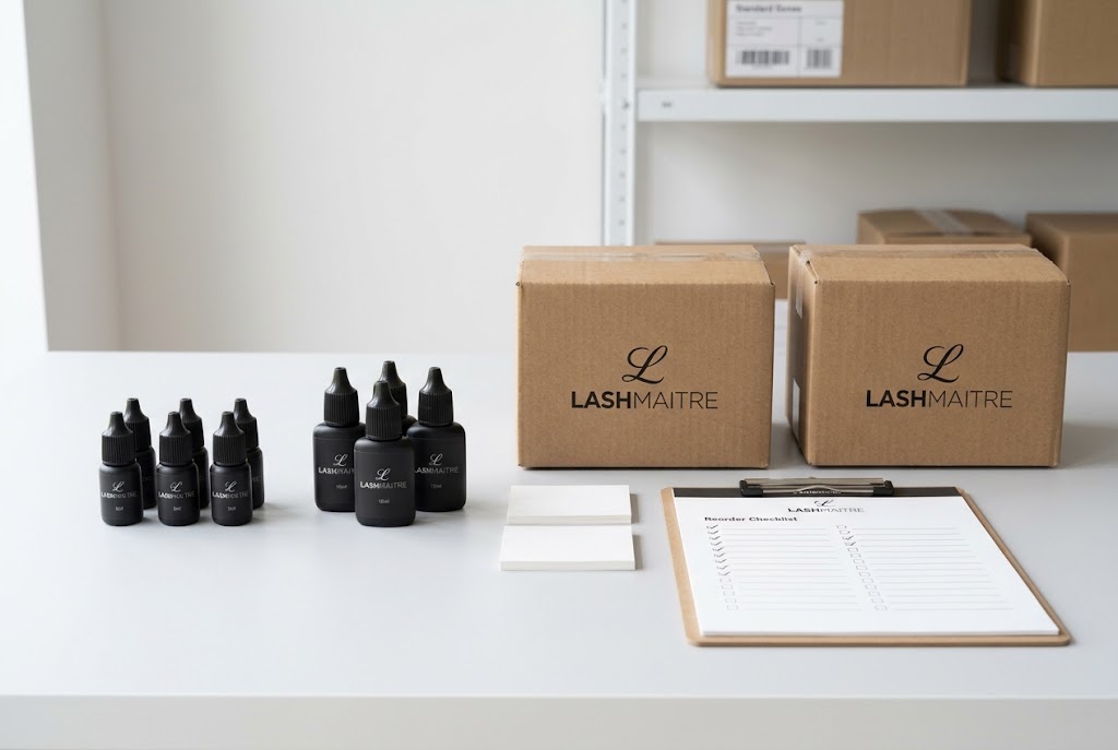 LASHMAITRE lash adhesive bottle sizes with reorder checklist and cartons